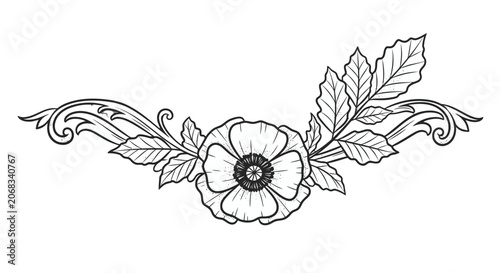 Black and White Flower Illustration with Leaves.