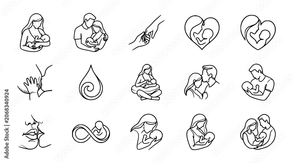Obraz premium Motherhood and Infancy Line Art Icons: Breastfeeding, Family Love, Nurturing, and Connection