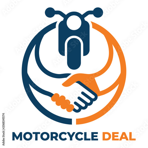 Motorcycle deal logo with handshake and bike icon on white background icon