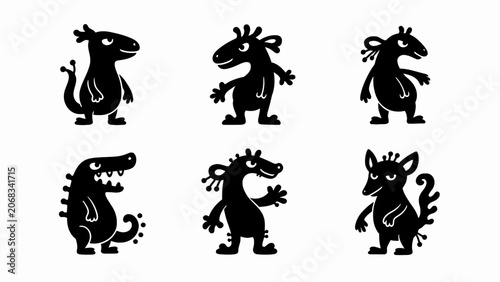 Photos Cute cartoon monster silhouettes, funny characters, black and white