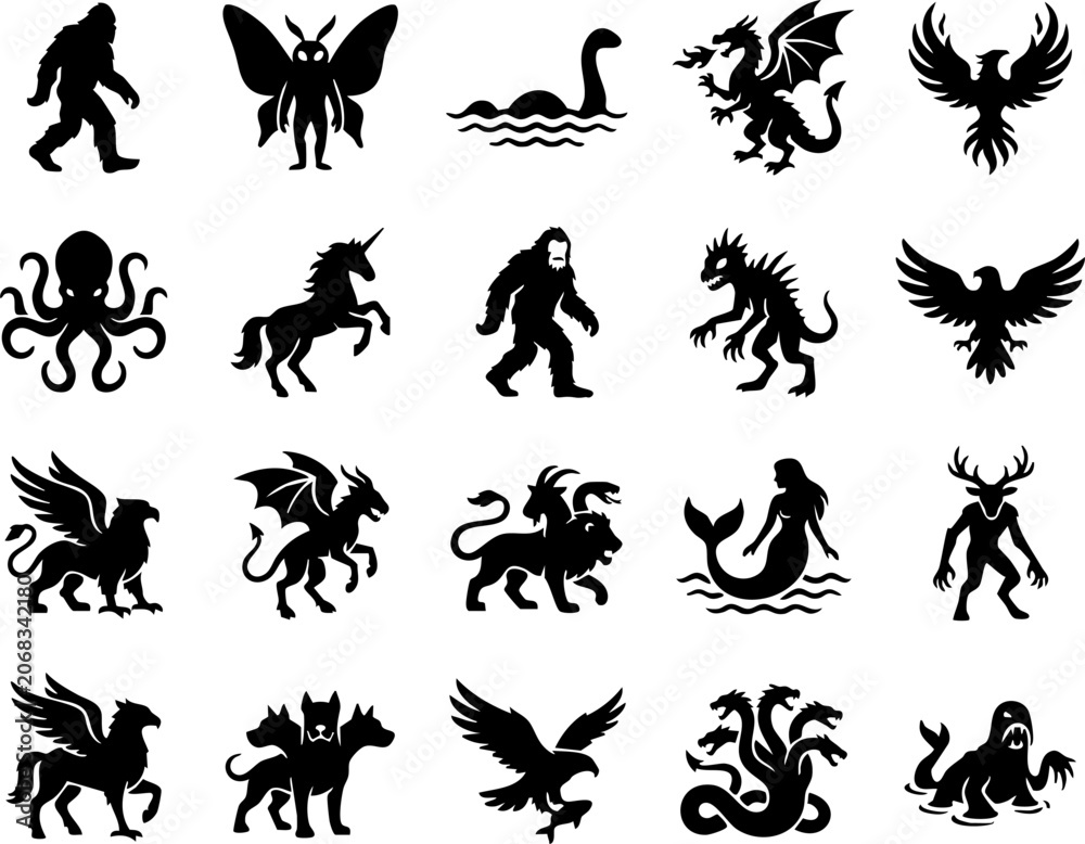 Obraz premium mythical creatures and fantasy monsters silhouette vector set 