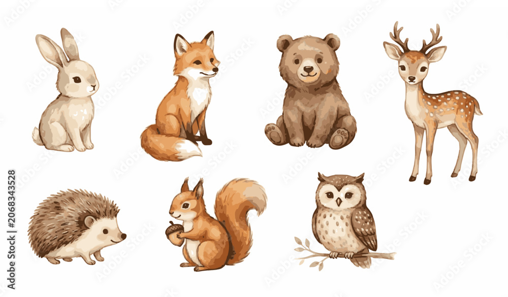 Fototapeta premium Watercolor animal vector collection with cute hand painted woodland creatures isolated on white background
