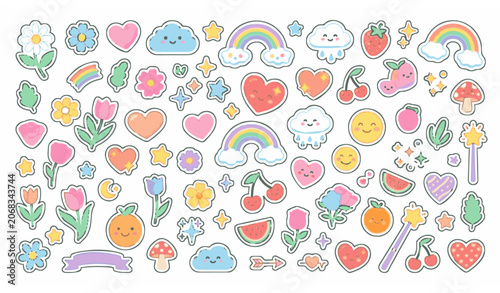 Foto Kawaii sticker pack with flowers hearts stars and decorative elements isolated v