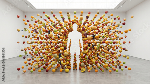 Surreal Blödsinn Cocktail Saft Früchte Surreal nonsense Surreal Silliness Sinnfreier Surrealismus Kunst aus Früchten. Surreal Floating Fruit Architecture