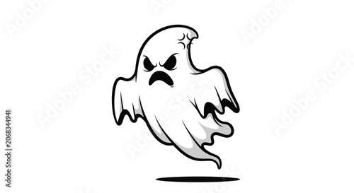 Angry white ghost with a scowling face and furrowed brows floats in the air in this classic cartoon illustration for spooky themes.