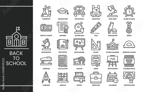 Back school icon set illustration vector. School object education linear silhouette pack. Education school symbol icon collection.