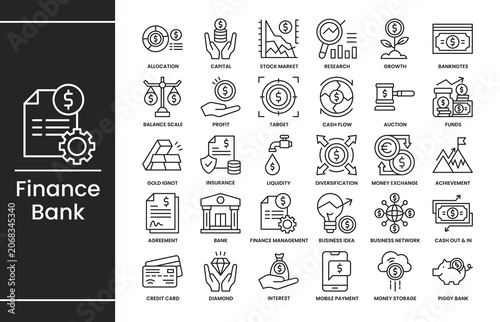 Finance money icon set illustration vector. Bank Investment linear silhouette pack. Money bank symbol icon collection.