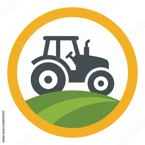Obraz na plátně Tractor on green hill in yellow circle icon for farming or agriculture concept i