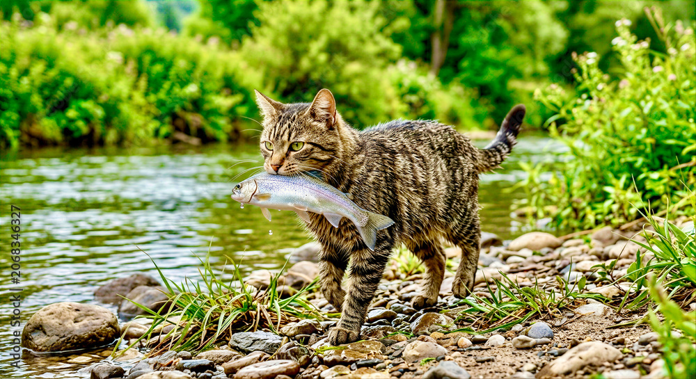 Obraz premium Tabby Cat Carrying Fresh Fish Beside River