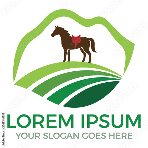 фотографія Brown horse with red saddle on green hill logo design template icon