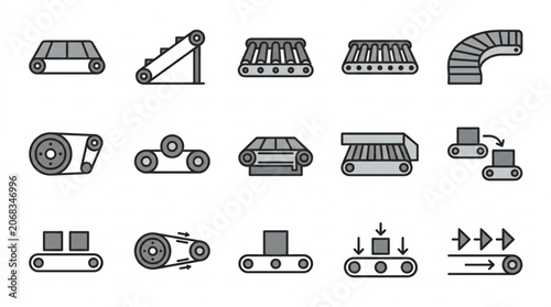 Foto Industrial conveyor belt icons set for manufacturing and logistics