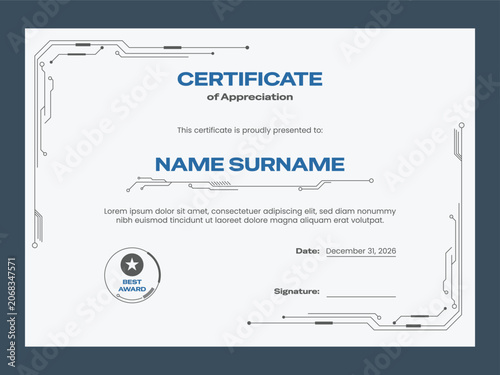 Modern certificate of appreciation template with tech circuit background