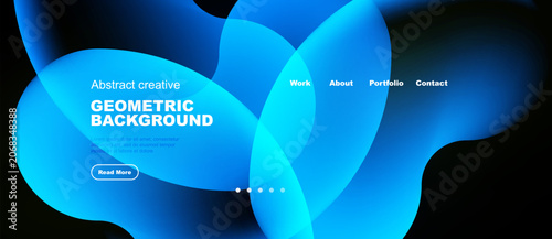 Abstract blue shapes create dynamic background. Text highlights geometric design, navigation options present. Modern aesthetic.
