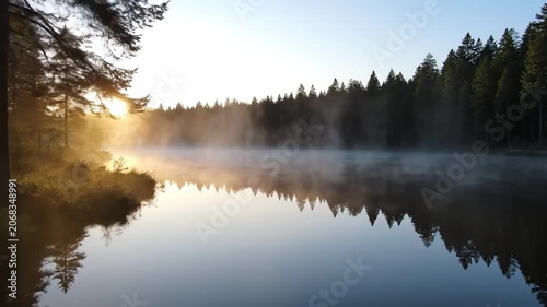 Misty morning sunrise over a calm forest lake with reflections
