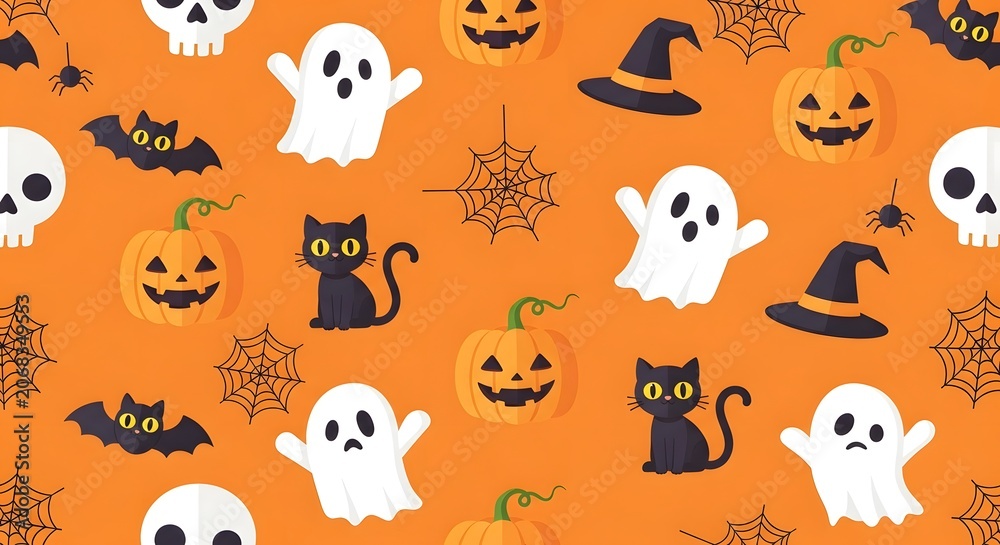 Obraz premium Seamless halloween pattern with ghosts, pumpkins, bats, and spiders