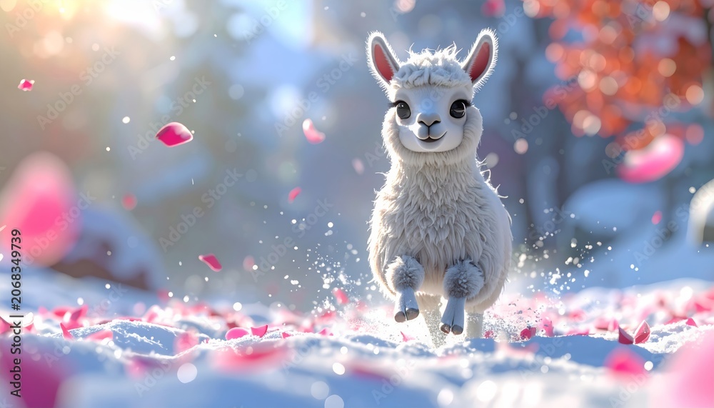 Obraz premium A white llama runs in snowy landscape.