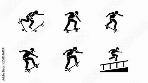 Photos Skateboarder Silhouettes: Action Poses and Tricks on White Background