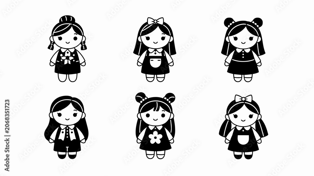 Obraz premium Cute Kawaii Girls Collection: Diverse Hairstyles and Outfits, Black and White