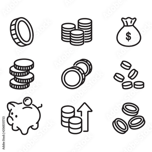 Coin icon set. Vector line style.