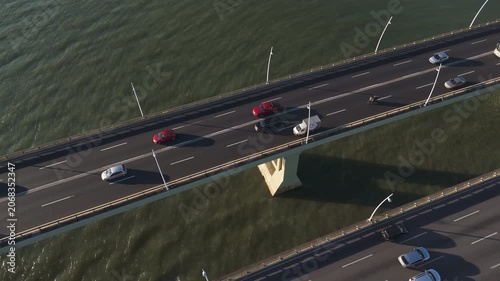 Aerial View of Pedro Ivo Campos and Colombo Salles Bridges with City Traffic and Ocean Coastline in Florianopolis Santa Catarina Brazil