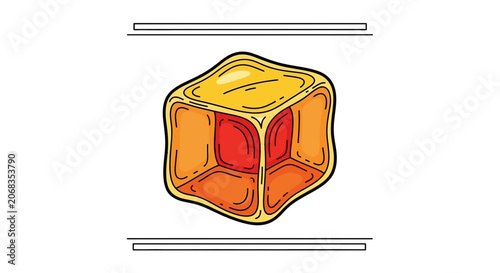 Abstract 3D Cube with Red Core, Yellow Orange Layers, and White Background