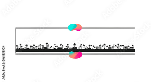 Abstract cityscape silhouette with colorful oval shapes and palm trees