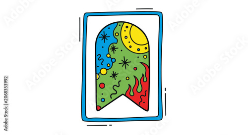 Abstract Cosmic Bookmark with Sun, Moon, Stars, and Fire Elements