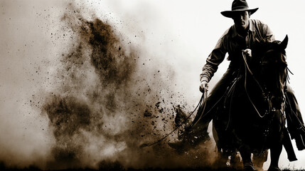 Dramatic Cowboy Riding Horse Through Dust Storm in Sepia Tone AI Generative