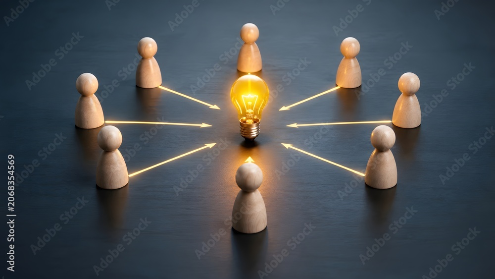 Obraz premium Collaborative Innovation Concept with Wooden Figures Connecting to a Central Glowing Lightbulb Symbolizing Shared Vision