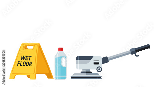 A cautionary scene shows a wet floor sign with cleaning supplies and equipment nearby indoors.