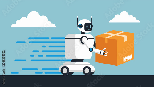 Canvastavla Robot action figure moving quickly moving with Package on blue Speed with white