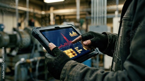 Closeup of technician interacting with anomaly spike data on rugged tablet shallow depth of field emphasizes detailed dashboard while blurred industrial machinery fades in