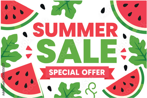 Watermelon Summer Sale Banner with Fresh Fruit and Special Offer Flat Vector Illustration