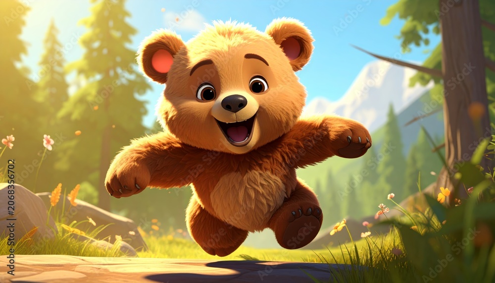 Fototapeta premium A cheerful cartoon bear running outside.