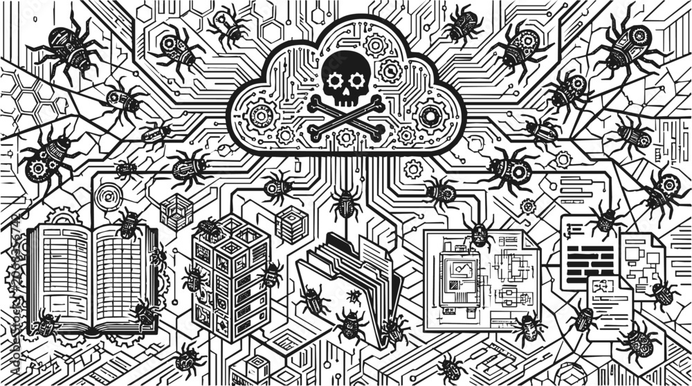 Fototapeta premium A complex cyber security illustration showing malware and virus bugs attacking a digital cloud and sensitive data on a circuit board background.