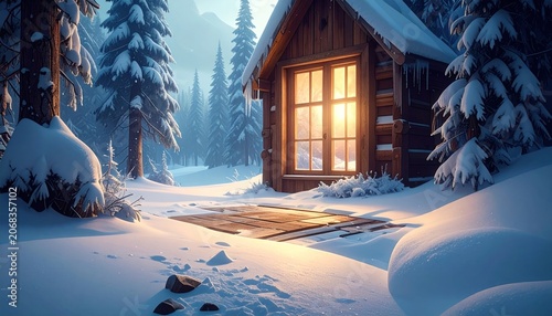 A snowy cabin with a warm light glowing from its window, nestled in a winter forest