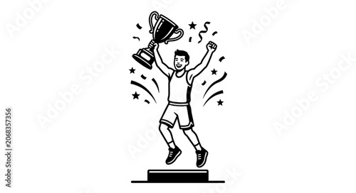 Tableau sur toile Man celebrating victory holding a trophy with confetti and stars.