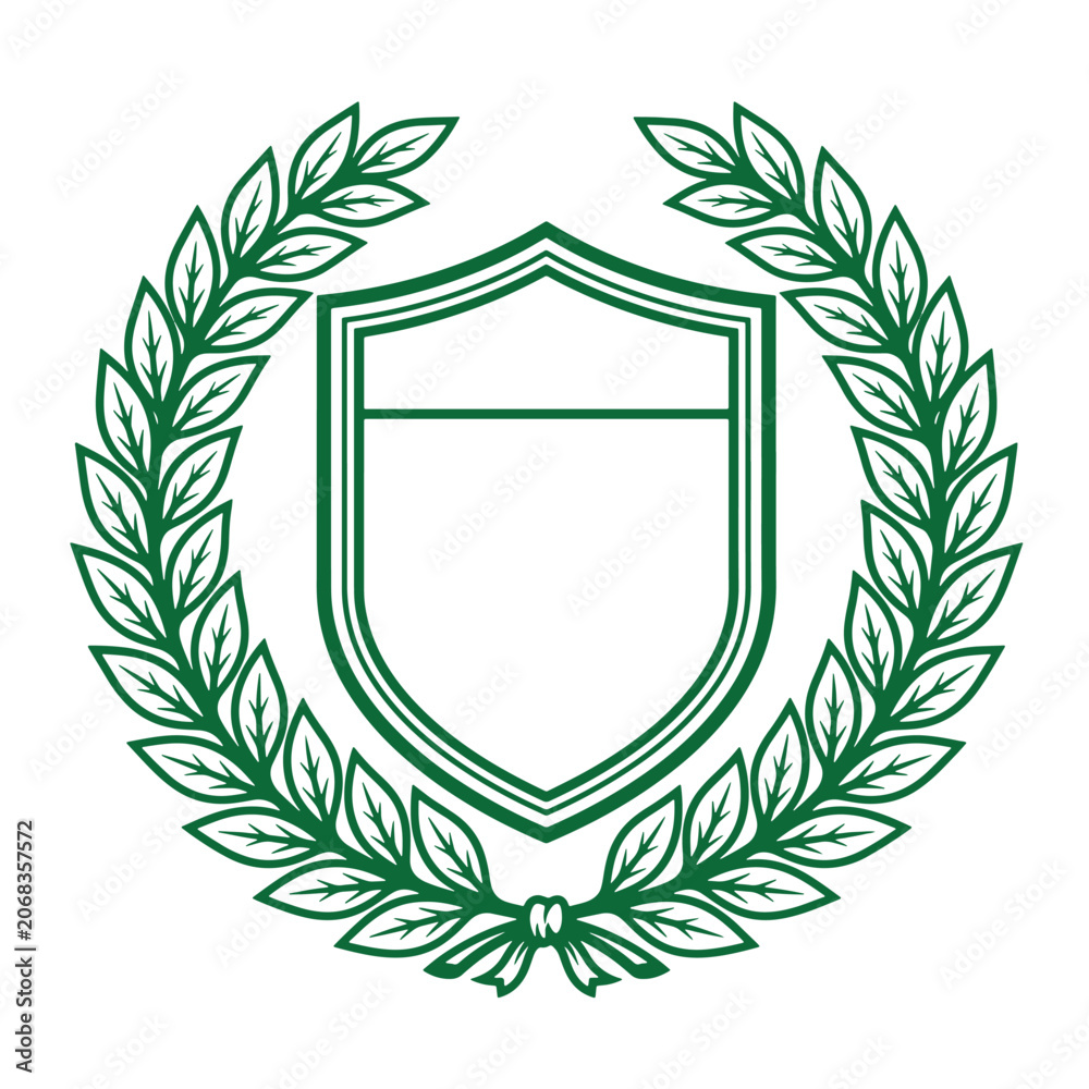 Fototapeta premium A green line of a classic heraldic shield framed by a detailed laurel wreath, featuring clean lines and a symmetrical composition, isolated on a white background, for versatile use