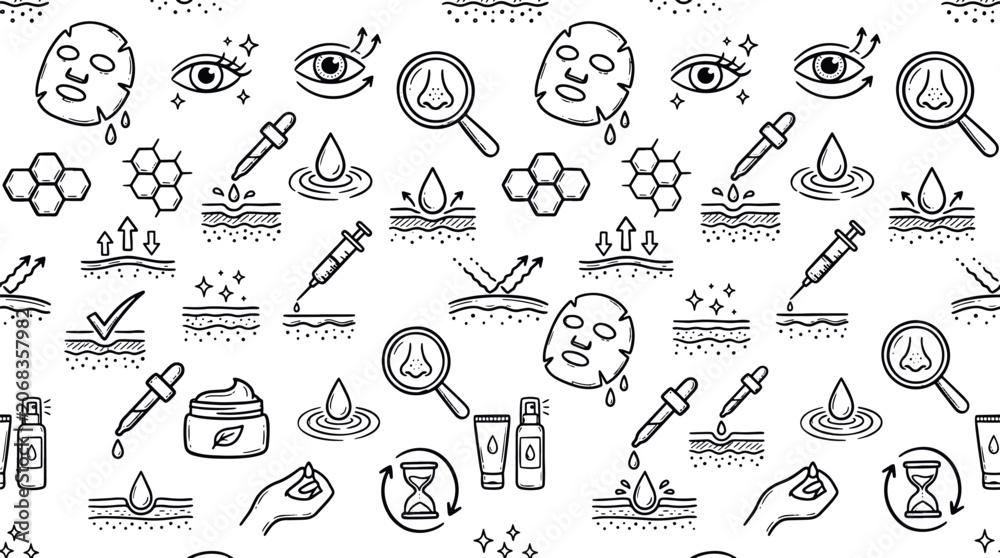 Fototapeta premium Skincare routine and cosmetic dermatology treatment hand drawn doodle elements with skincare cosmetic dermatology treatment background honeycomb structure wellness hyaluronic