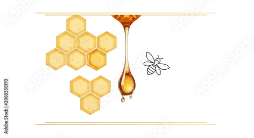 Honeycomb dripping golden honey with bee illustration, sweet natural food concept