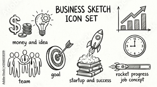 business sketch, icon set, hand drawn, doodle, vector, illustration, money and idea, teamwork, goal target, startup success, rocket launch, job concept, progress chart, clock time, management, financ