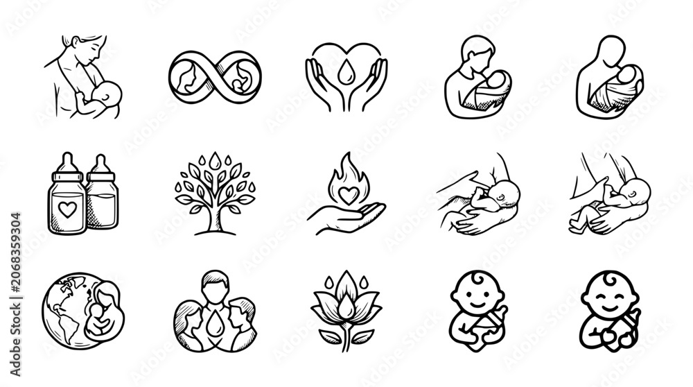 Fototapeta premium Newborn Care Icons: Breastfeeding, Family, Love, Protection, and Growth Symbols