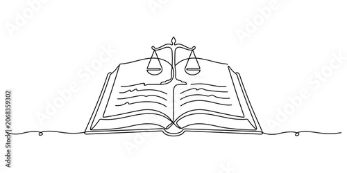 Schilderij op canvas Illustration of open law textbook displaying a subtle scale of justice icon above the page, hand drawn outline vector illustration