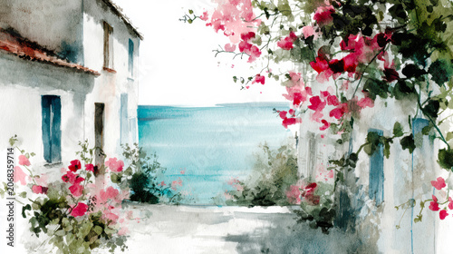 Mediterranean Coastal Watercolor – AI Generative