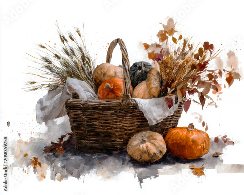 Autumn Harvest Basket Watercolor – AI Generative