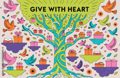 Foto Give with heart conceptual illustration with generous giving tree donation gener