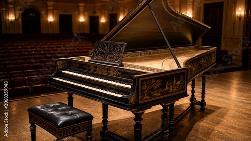 harpsichord. A harpsichord on a stage with gleaming strings and empty seats. event programs, museum guides, designed for cultural heritage projects and event programs, supports education.