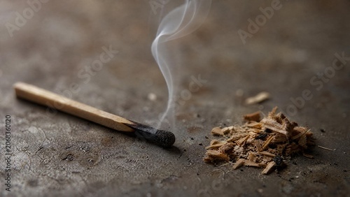 tinder. Recently extinguished matchstick next to wood shavings with a wisp of smoke. lifestyle magazines, social media lookbooks, designed for influencer and brand collaborations, drives engagement.