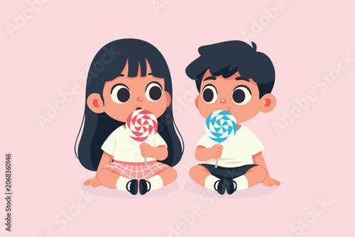Happy Kids Holding Lollipop Vector