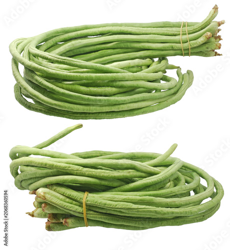 Fresh raw green yardlong beans tied in bundles isolated on white background